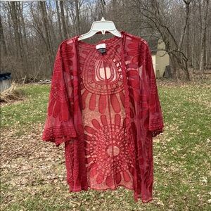 David and Young Red Crochet Open Cardigan